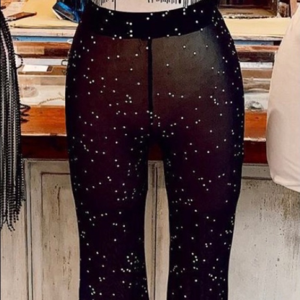 Trendy & Tipsy Mesh Rhinestone Flare Pants - Picture 2 of 2